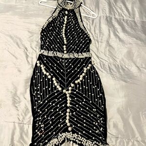 Elegant Black Pearl Embellished Halter Dress